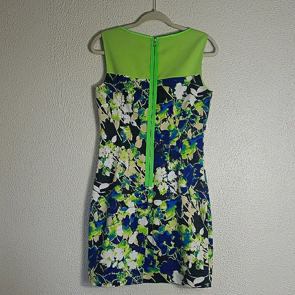 Tahari Sleeveless Sheath Floral Dress Multicolor Neon Green Blue Black Cotton 6 - Picture 12 of 16